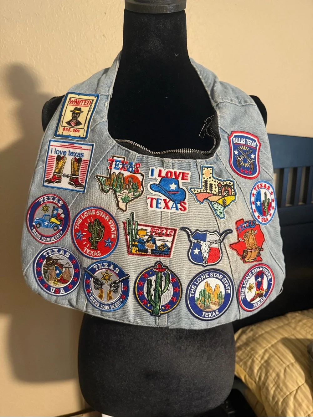 Light denim Canvas Patchwork Texas Tote Bag